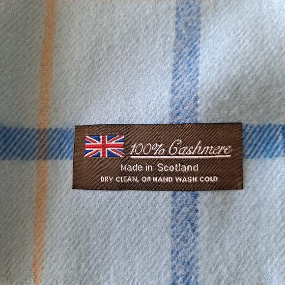 100% Cashmere Made in Scotland Blue & Yellow Plaid Rectangular Scarf w Fringes - Picture 6 of 6